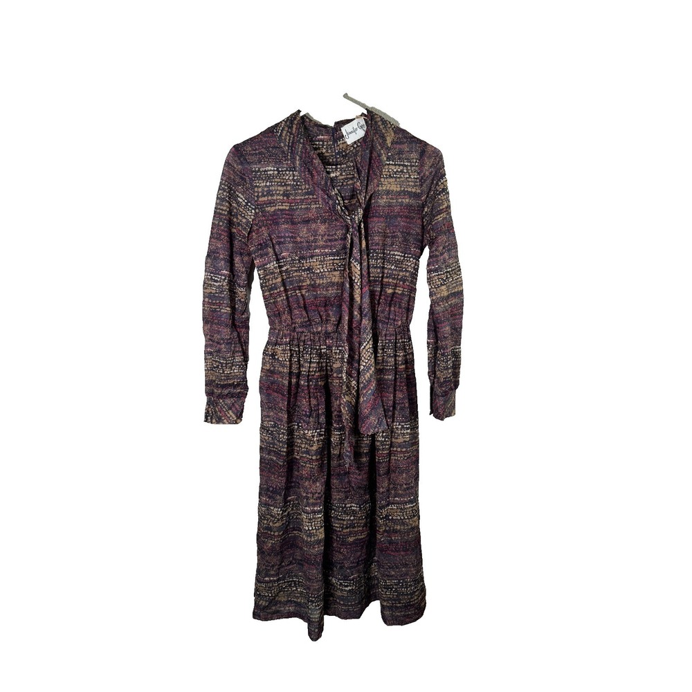 VTG Jennifer Gee Bow Dress Women 10 Multicolor Geometric Long Sleeve Retro